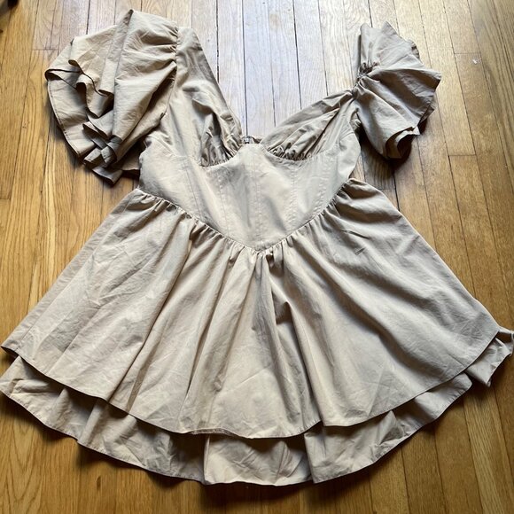 Asos Luxe Size 14 NEW Beige Cotton One Shoulder Dress w Corset Detail & Ruffles - Picture 14 of 16